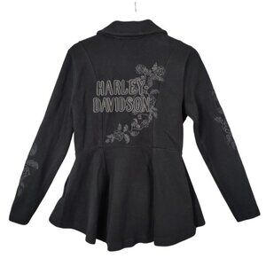 Harley Davidson Knit Moto Jacket Floral Rose Embroidery Peplum Zip Black Women M